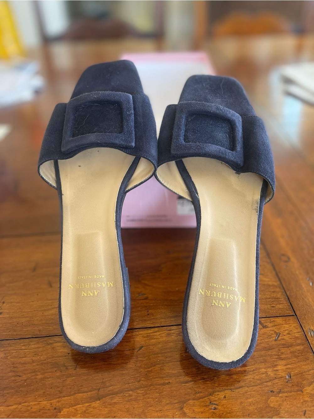 ANN MASHBURN Navy Suede Buckle Slide Mules